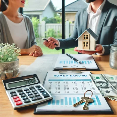 DALL·E 2025-02-09 17.41.13 - A professional home financing concept with financial documents, a calculator, a set of house keys, and a small model house on a table. In the backgrou